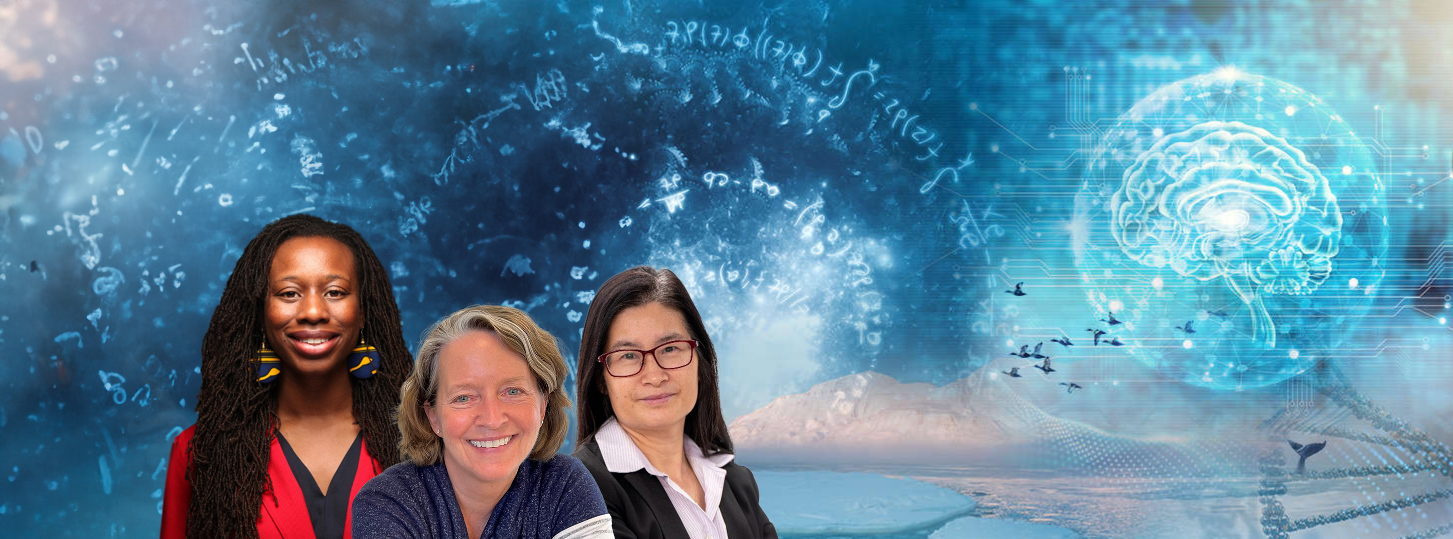 three NSF EPSCoR program staff in front of an abstract blue background