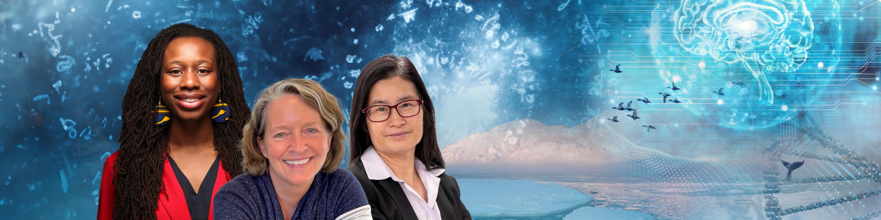 three NSF EPSCoR program staff in front of an abstract blue background