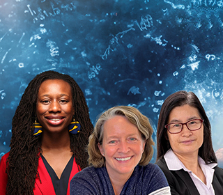 three women in front of an abstract blue background